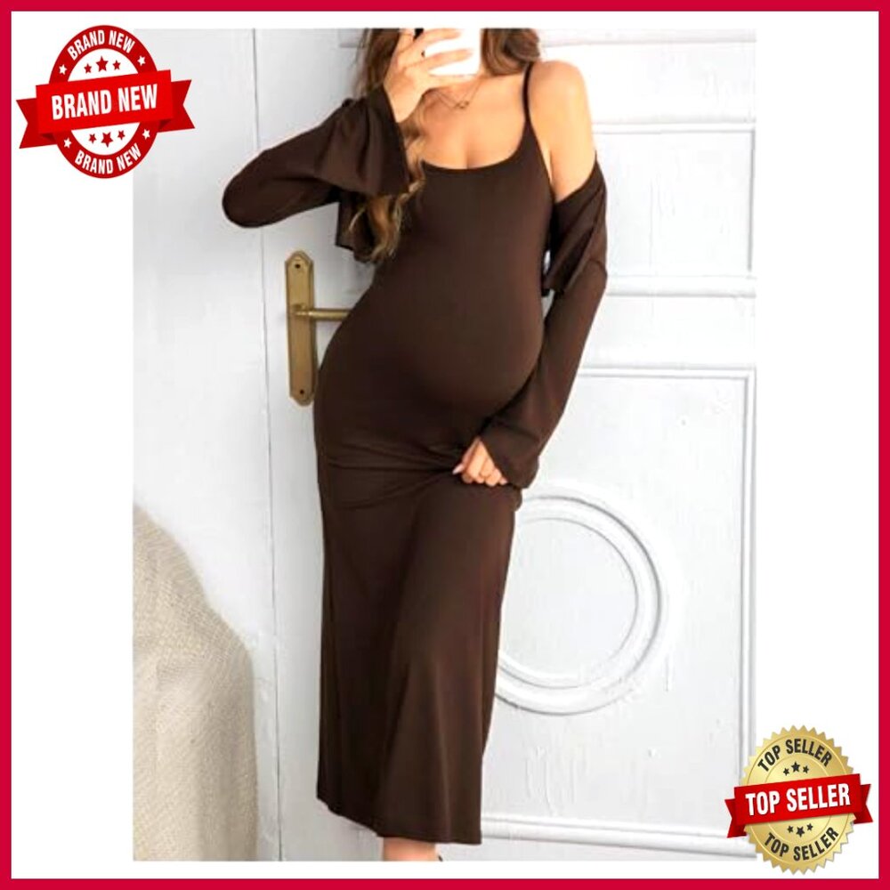 Maternity 2 Piece Set Long Sleeve Cropped Cardigan Bodycon Cami Dress - Picture 4 of 5